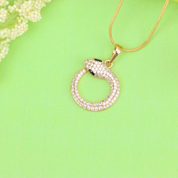 "Rose Gold Snake Circle Pendant with Sparkling CZ and Black Eyes, XPPT1529 - Picture 12 of 13